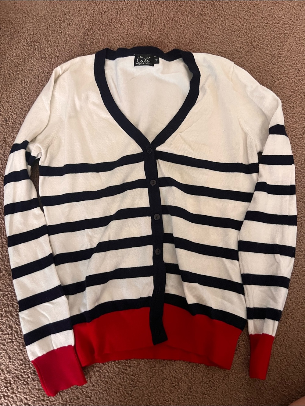 Cielo Navy & White Striped V-Neck Cardigan with Red Hem
